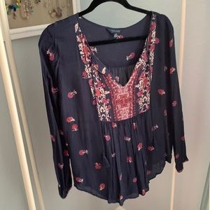 Lucky brand size large long sleeve tassel tie blouse, Navy orange pink cream